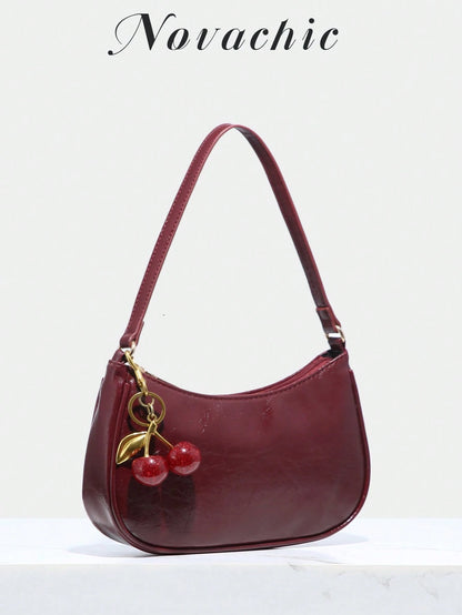 1pc Novachic Spring/Summer Fabric Cute Cherry Decor Accent Minimalist Women Shoulder Bag, Zipper Closure, Retro Style, Underarm Bag, Suitable For Multiple Occasions