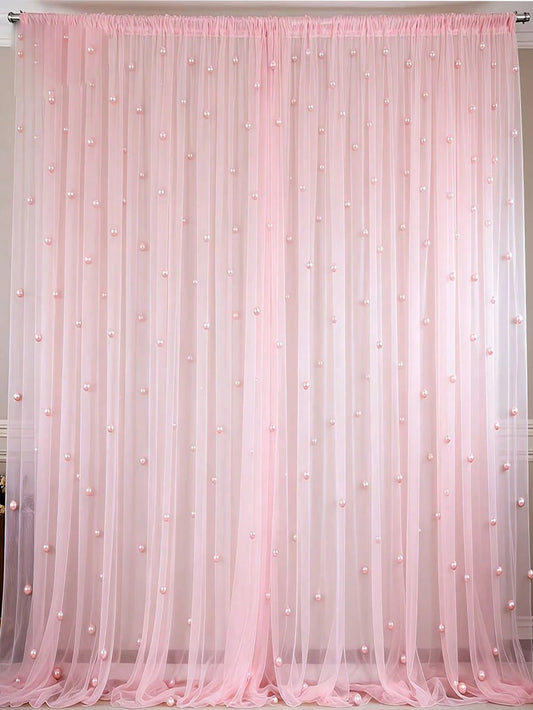 1pc Pearl Pink Tulle Fabric With Embedded Pearls, Wedding Backdrop Curtain, Decorative Bridal Gown Fabric, Wedding Party Decor, Photo Backdrop, Tablecloth, Banner, Gift Wrapping, Elegant Pearl Embroid