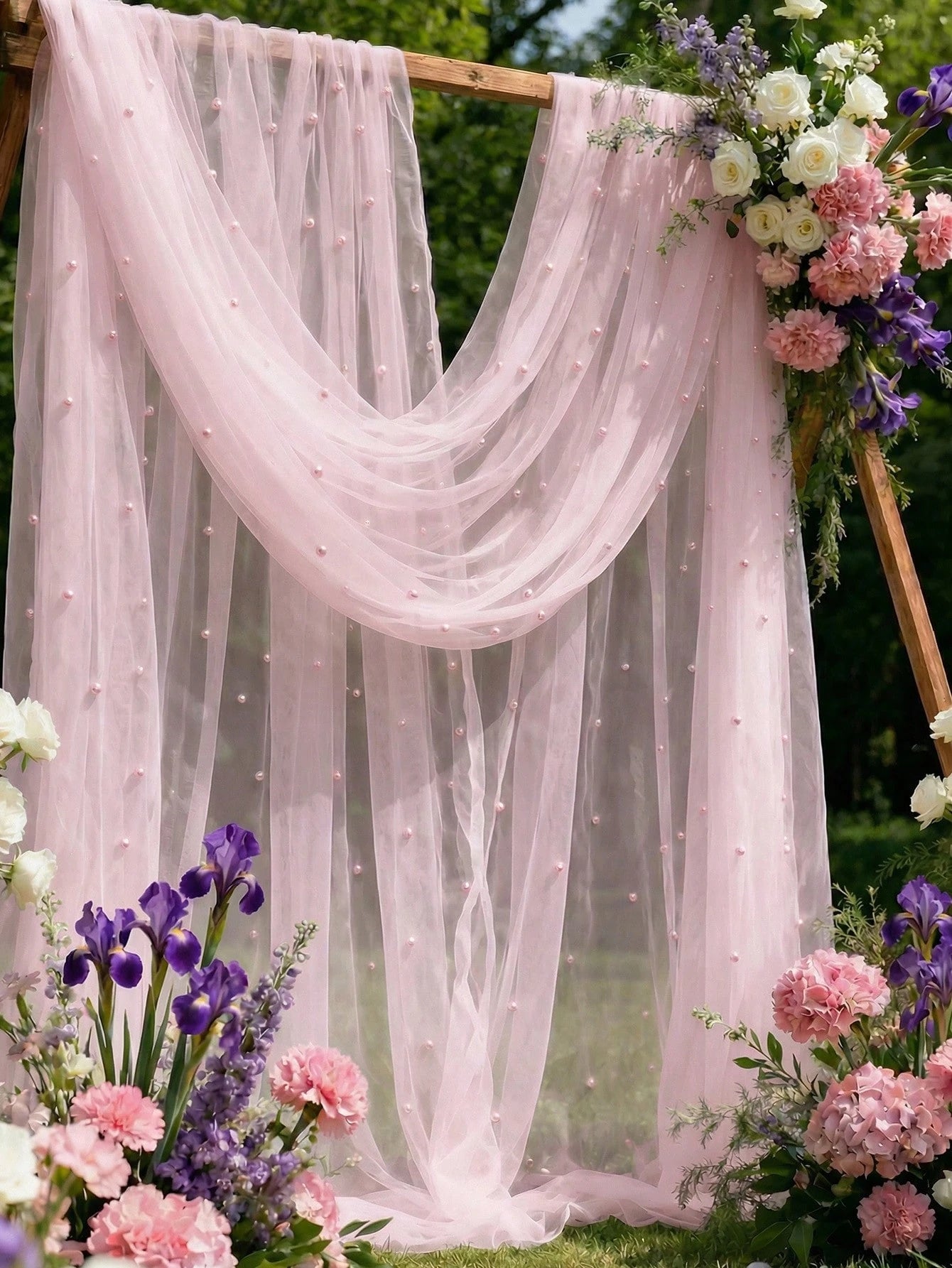 1pc Pearl Pink Tulle Fabric With Embedded Pearls, Wedding Backdrop Curtain, Decorative Bridal Gown Fabric, Wedding Party Decor, Photo Backdrop, Tablecloth, Banner, Gift Wrapping, Elegant Pearl Embroid