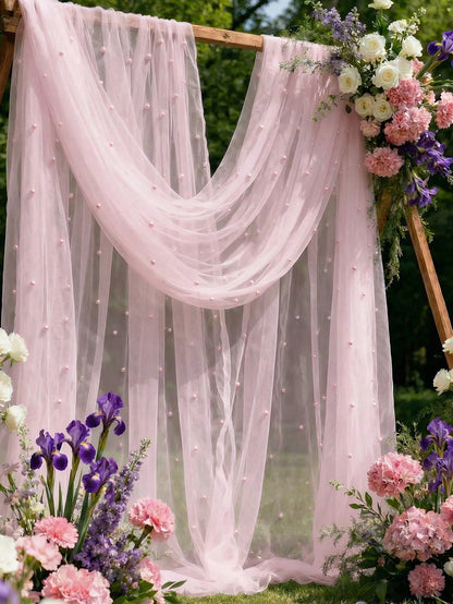 1pc Pearl Pink Tulle Fabric With Embedded Pearls, Wedding Backdrop Curtain, Decorative Bridal Gown Fabric, Wedding Party Decor, Photo Backdrop, Tablecloth, Banner, Gift Wrapping, Elegant Pearl Embroid