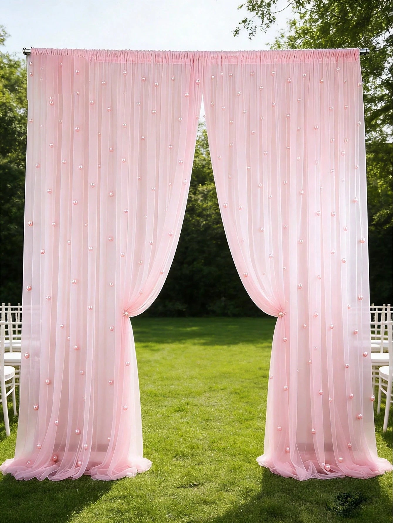1pc Pearl Pink Tulle Fabric With Embedded Pearls, Wedding Backdrop Curtain, Decorative Bridal Gown Fabric, Wedding Party Decor, Photo Backdrop, Tablecloth, Banner, Gift Wrapping, Elegant Pearl Embroid