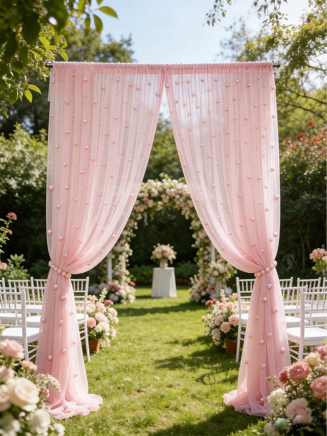 1pc Pearl Pink Tulle Fabric With Embedded Pearls, Wedding Backdrop Curtain, Decorative Bridal Gown Fabric, Wedding Party Decor, Photo Backdrop, Tablecloth, Banner, Gift Wrapping, Elegant Pearl Embroid