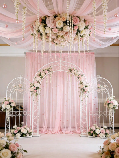 1pc Pearl Pink Tulle Fabric With Embedded Pearls, Wedding Backdrop Curtain, Decorative Bridal Gown Fabric, Wedding Party Decor, Photo Backdrop, Tablecloth, Banner, Gift Wrapping, Elegant Pearl Embroid