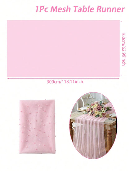 1pc Pearl Pink Tulle Fabric With Embedded Pearls, Wedding Backdrop Curtain, Decorative Bridal Gown Fabric, Wedding Party Decor, Photo Backdrop, Tablecloth, Banner, Gift Wrapping, Elegant Pearl Embroid