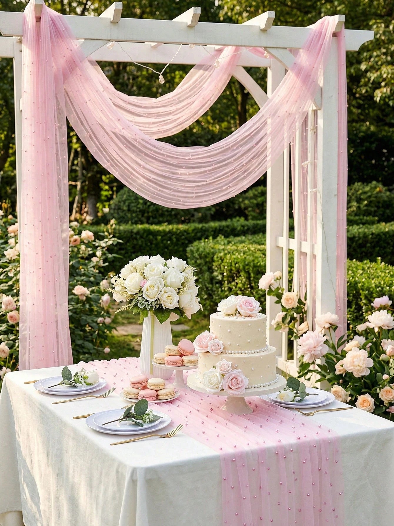 1pc Pearl Pink Tulle Fabric With Embedded Pearls, Wedding Backdrop Curtain, Decorative Bridal Gown Fabric, Wedding Party Decor, Photo Backdrop, Tablecloth, Banner, Gift Wrapping, Elegant Pearl Embroid