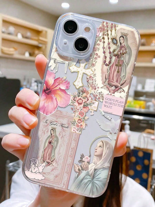 1pc Personalized Cross & Virgin Mary Graphic Aesthetic Pattern Transparent TPU Full Body Shockproof Anti-Fingerprint Phone Case Compatible With IPhone 16 Pro/16 Plus, 15/15 Pro Max/15 Pro, 11/12/13/14