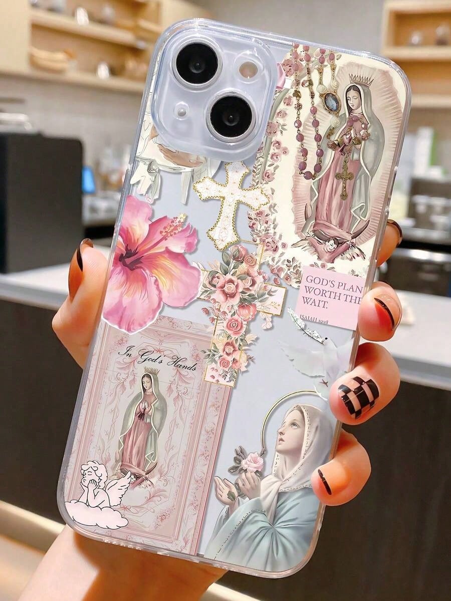 1pc Personalized Cross & Virgin Mary Graphic Aesthetic Pattern Transparent TPU Full Body Shockproof Anti-Fingerprint Phone Case Compatible With IPhone 16 Pro/16 Plus, 15/15 Pro Max/15 Pro, 11/12/13/14