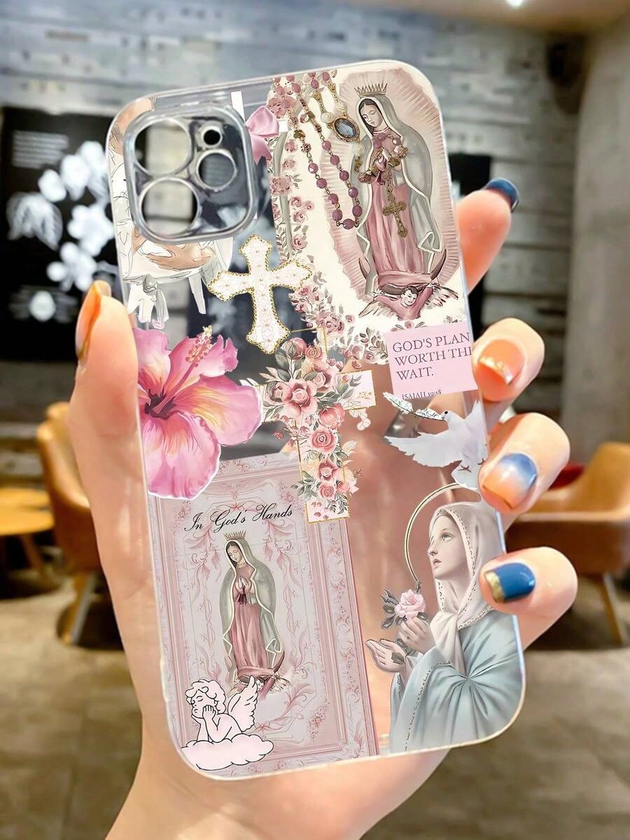 1pc Personalized Cross & Virgin Mary Graphic Aesthetic Pattern Transparent TPU Full Body Shockproof Anti-Fingerprint Phone Case Compatible With IPhone 16 Pro/16 Plus, 15/15 Pro Max/15 Pro, 11/12/13/14