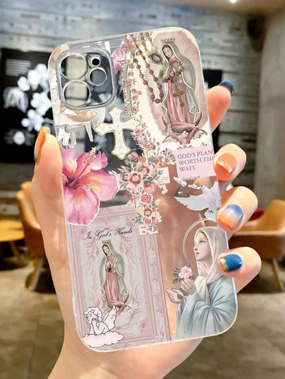 1pc Personalized Cross & Virgin Mary Graphic Aesthetic Pattern Transparent TPU Full Body Shockproof Anti-Fingerprint Phone Case Compatible With IPhone 16 Pro/16 Plus, 15/15 Pro Max/15 Pro, 11/12/13/14