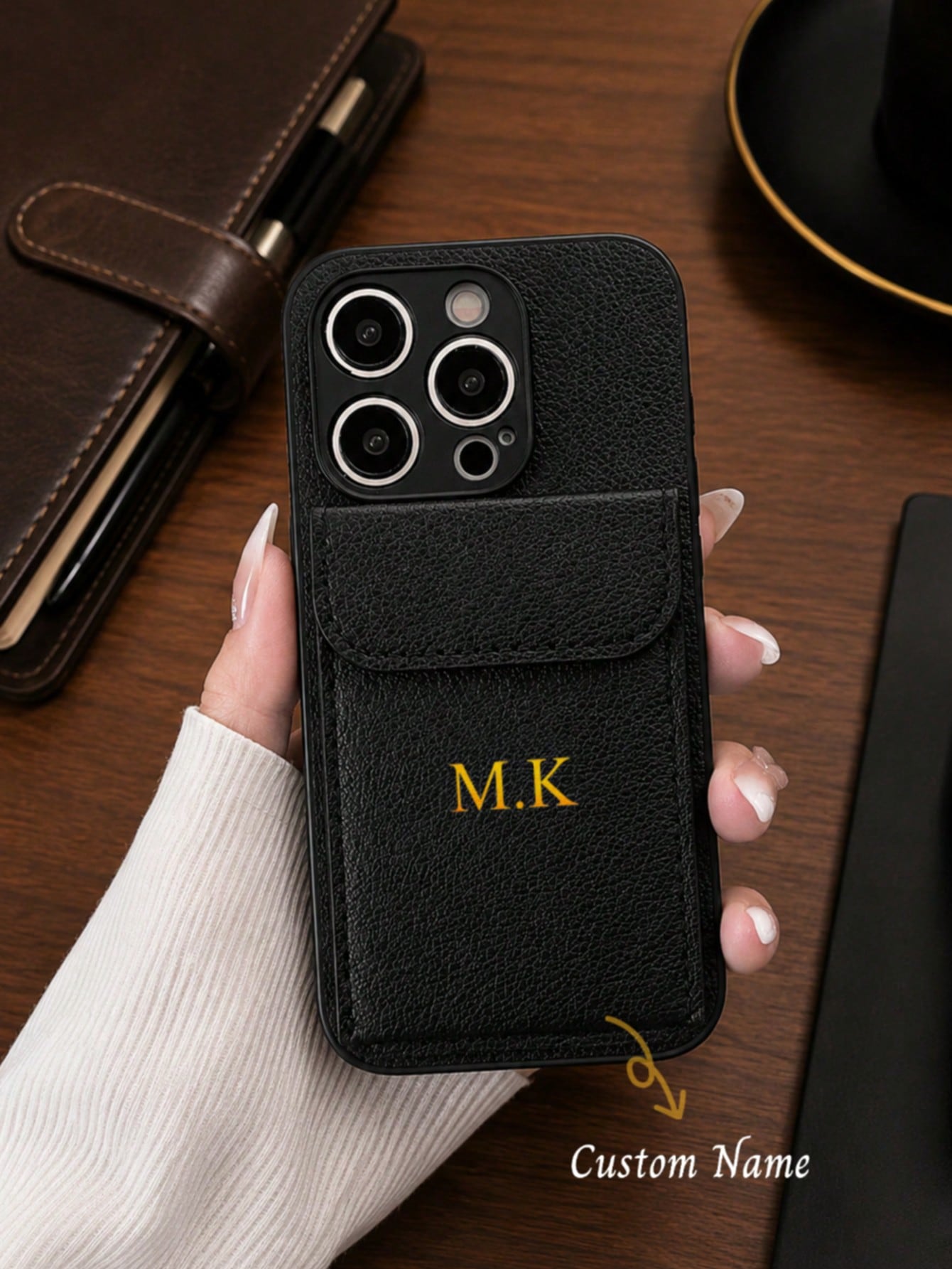 1pc Personalized Luxury Customized Name Letter Faux Leather Card Slot Holder Soft Case, Luxury Lychee Texture Flip Cover Pocket Card Holder Stand Faux Leather Phone Case, Name Letter Customization, Cr
