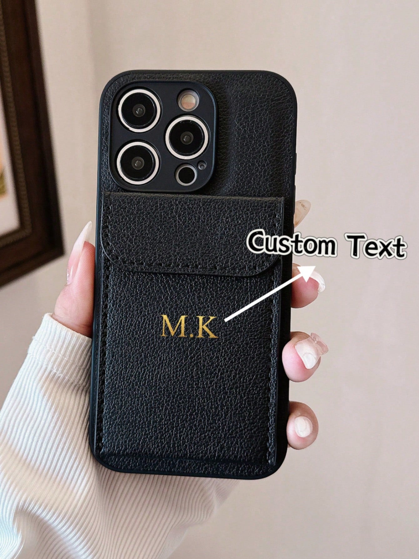 1pc Personalized Luxury Customized Name Letter Faux Leather Card Slot Holder Soft Case, Luxury Lychee Texture Flip Cover Pocket Card Holder Stand Faux Leather Phone Case, Name Letter Customization, Cr
