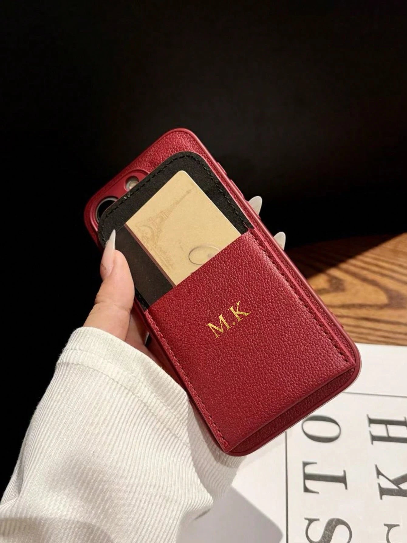 1pc Personalized Luxury Customized Name Letter Faux Leather Card Slot Holder Soft Case, Luxury Lychee Texture Flip Cover Pocket Card Holder Stand Faux Leather Phone Case, Name Letter Customization, Cr
