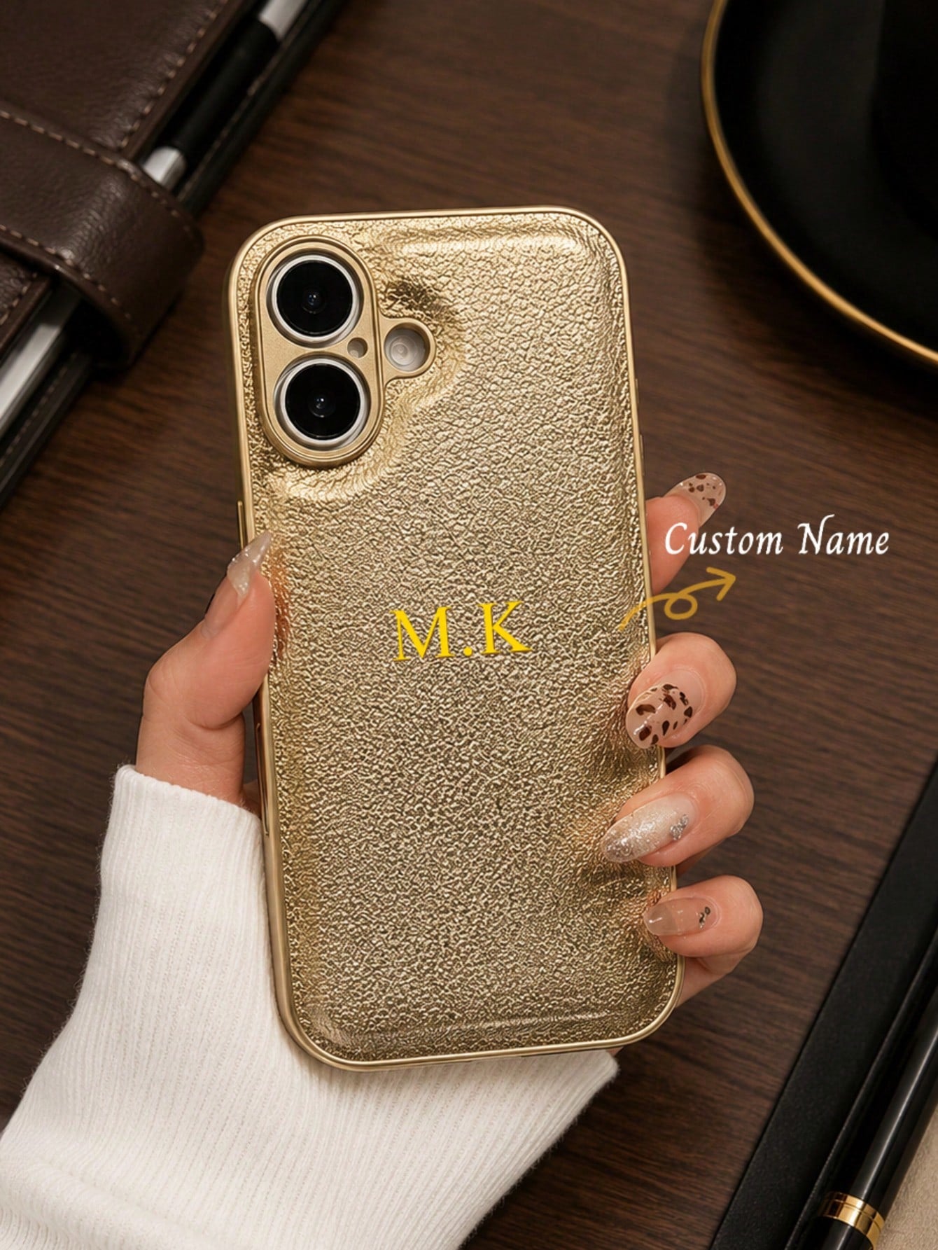 1pc Personalized Luxury Customized Name Letter Faux Leather Card Slot Holder Soft Case, Luxury Lychee Texture Flip Cover Pocket Card Holder Stand Faux Leather Phone Case, Name Letter Customization, Cr