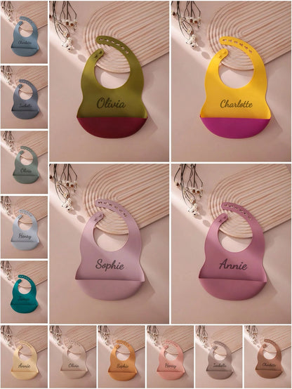 1pc Personalized Name Baby Silicone Bibs, Solid Color Portable Adjustable Waterproof Bibs, Print On Demand Baby Feeding Essentials, Baby Shower Gift