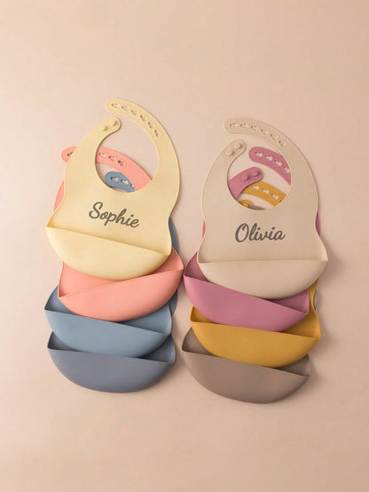 1pc Personalized Name Baby Silicone Bibs, Solid Color Portable Adjustable Waterproof Bibs, Print On Demand Baby Feeding Essentials, Baby Shower Gift