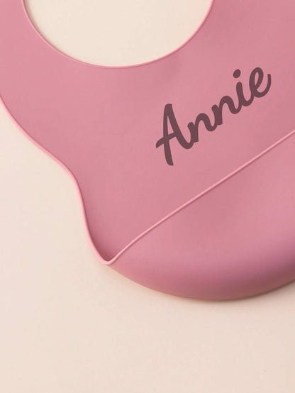 1pc Personalized Name Baby Silicone Bibs, Solid Color Portable Adjustable Waterproof Bibs, Print On Demand Baby Feeding Essentials, Baby Shower Gift