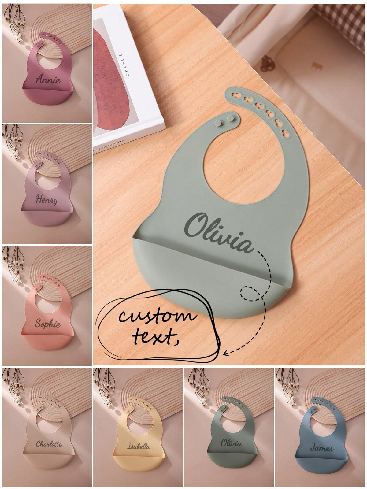 1pc Personalized Name Baby Silicone Bibs, Solid Color Portable Adjustable Waterproof Bibs, Print On Demand Baby Feeding Essentials, Baby Shower Gift