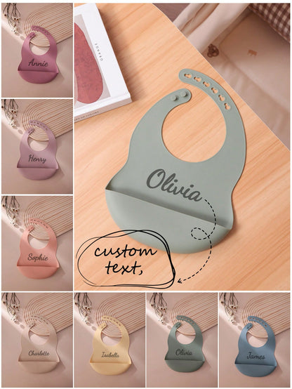 1pc Personalized Name Baby Silicone Bibs, Solid Color Portable Adjustable Waterproof Bibs, Print On Demand Baby Feeding Essentials, Baby Shower Gift