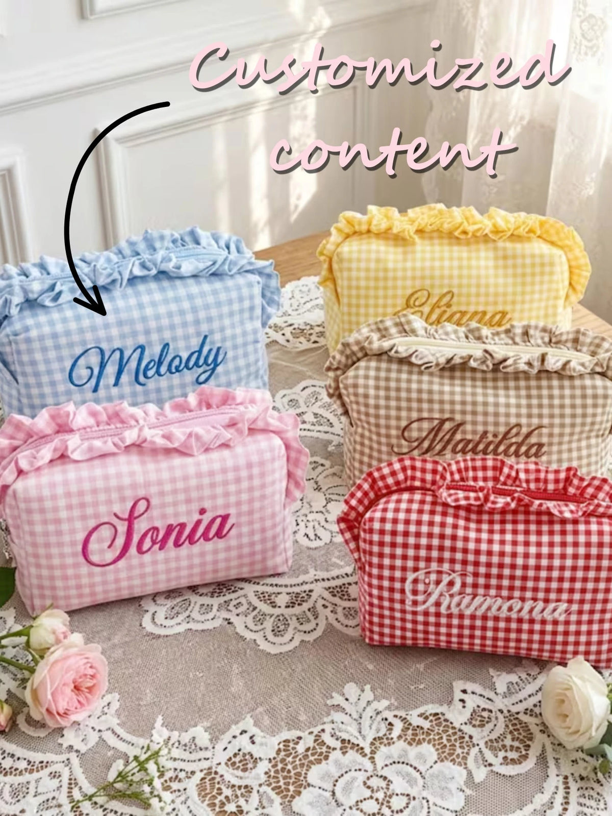 1pc Personalized Plaid Embroidered Makeup Bag, Ruffle Trim Design, Customized Name Print, Multi-Functional Storage, Zipper Closure, Sweet Minimalist Style, Makeup Storage Bag/Toiletry Bag, Suitable Fo