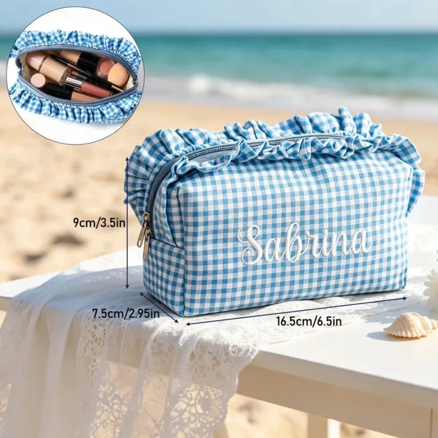 1pc Personalized Plaid Embroidered Makeup Bag, Ruffle Trim Design, Customized Name Print, Multi-Functional Storage, Zipper Closure, Sweet Minimalist Style, Makeup Storage Bag/Toiletry Bag, Suitable Fo
