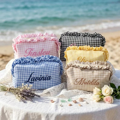 1pc Personalized Plaid Embroidered Makeup Bag, Ruffle Trim Design, Customized Name Print, Multi-Functional Storage, Zipper Closure, Sweet Minimalist Style, Makeup Storage Bag/Toiletry Bag, Suitable Fo