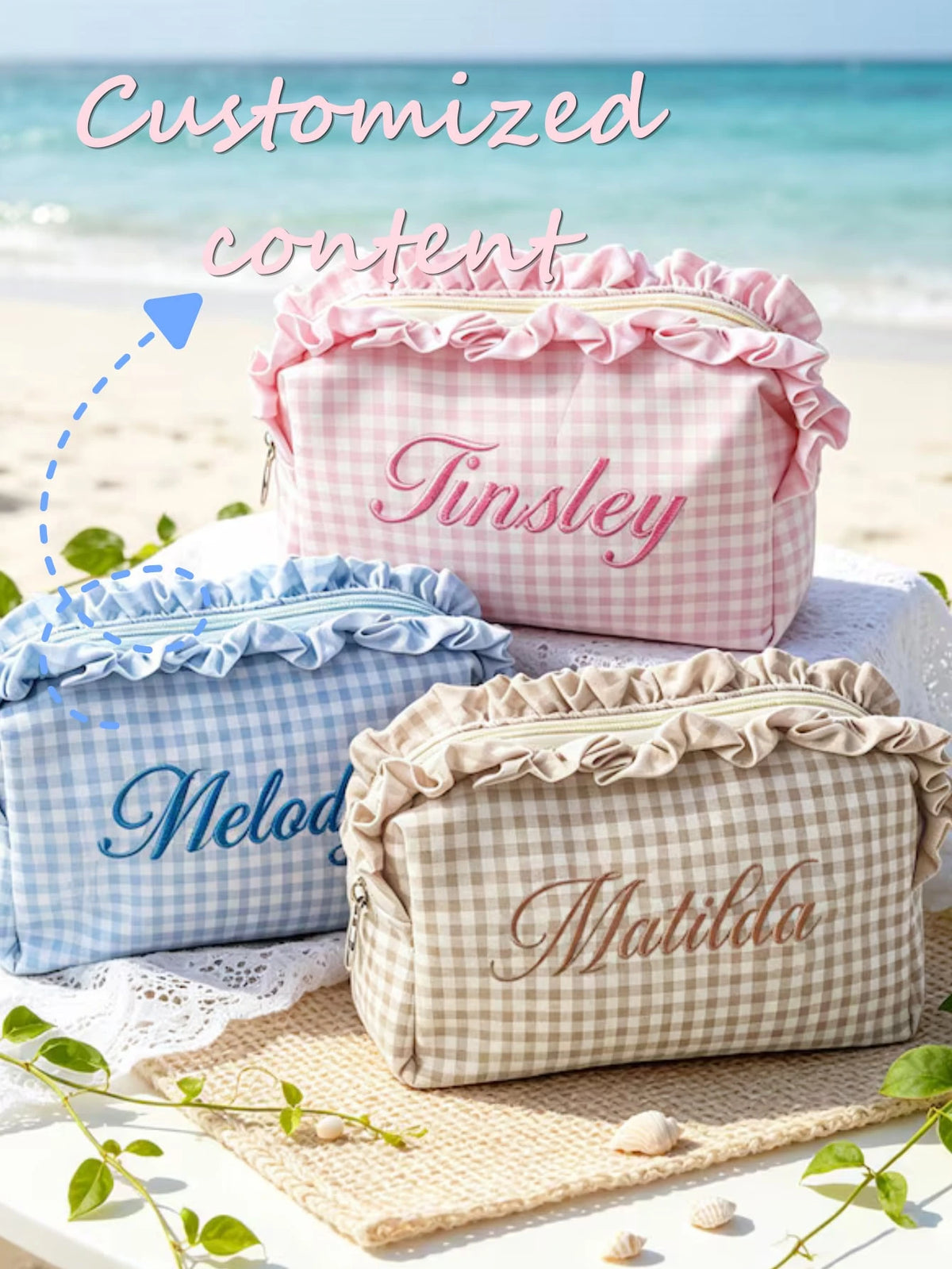 1pc Personalized Plaid Embroidered Makeup Bag, Ruffle Trim Design, Customized Name Print, Multi-Functional Storage, Zipper Closure, Sweet Minimalist Style, Makeup Storage Bag/Toiletry Bag, Suitable Fo