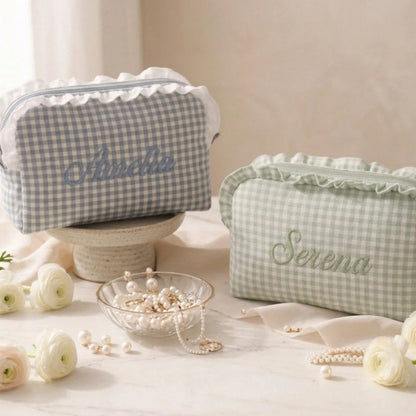 1PC Personalized Plaid Makeup Bag, Ruffle Edge Cosmetic Bag, Bridesmaid Gift, Customized Name Toiletry Bag, Best Friend Gift, Sisterhood Party Gift, Wedding Keepsake Gift, Birthday Gift, Mother's Day