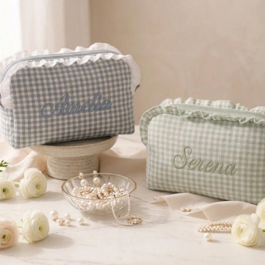 1PC Personalized Plaid Makeup Bag, Ruffle Edge Cosmetic Bag, Bridesmaid Gift, Customized Name Toiletry Bag, Best Friend Gift, Sisterhood Party Gift, Wedding Keepsake Gift, Birthday Gift, Mother's Day