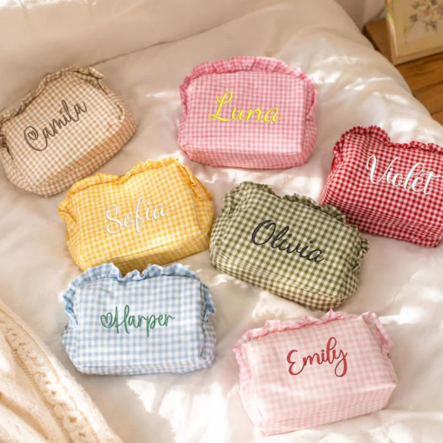 1PC Personalized Plaid Makeup Bag, Ruffle Edge Cosmetic Bag, Bridesmaid Gift, Customized Name Toiletry Bag, Best Friend Gift, Sisterhood Party Gift, Wedding Keepsake Gift, Birthday Gift, Mother's Day
