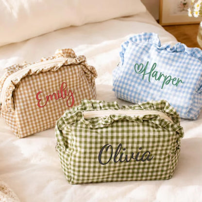 1PC Personalized Plaid Makeup Bag, Ruffle Edge Cosmetic Bag, Bridesmaid Gift, Customized Name Toiletry Bag, Best Friend Gift, Sisterhood Party Gift, Wedding Keepsake Gift, Birthday Gift, Mother's Day