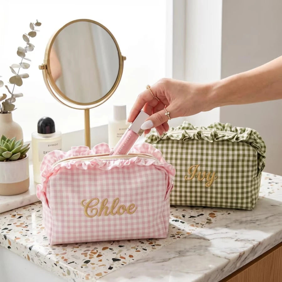 1PC Personalized Plaid Makeup Bag, Ruffle Edge Cosmetic Bag, Bridesmaid Gift, Customized Name Toiletry Bag, Best Friend Gift, Sisterhood Party Gift, Wedding Keepsake Gift, Birthday Gift, Mother's Day