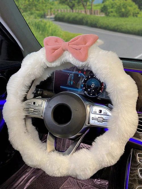 1pc Plush Steering Wheel Cover, Cute & Elegant Design For Women, Warm For Autumn/Winter