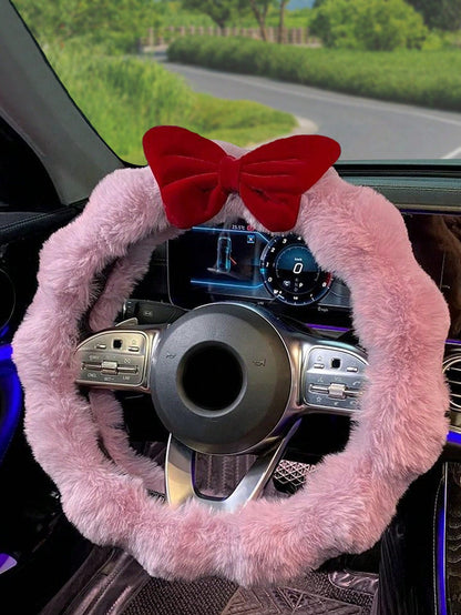 1pc Plush Steering Wheel Cover, Cute & Elegant Design For Women, Warm For Autumn/Winter