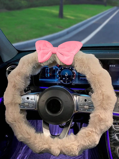 1pc Plush Steering Wheel Cover, Cute & Elegant Design For Women, Warm For Autumn/Winter