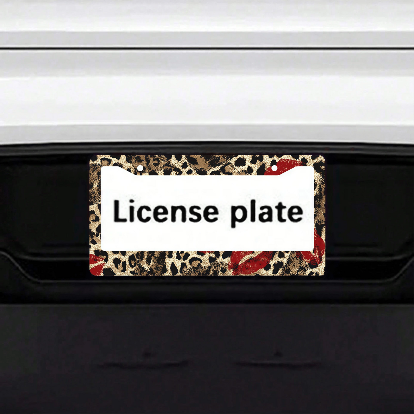 1pc Red Lipstick Leopard Print Metal License Plate Frame 12.2x6.3in, Fashion Personalized Auto Decor Accessory For Vehicles,Car Decor,Car,Valentines Gift,Car Acessesories>Essentials,Car Picks