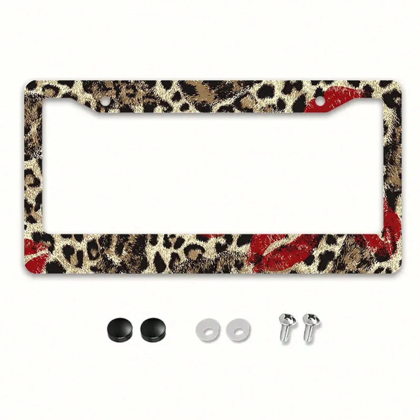 1pc Red Lipstick Leopard Print Metal License Plate Frame 12.2x6.3in, Fashion Personalized Auto Decor Accessory For Vehicles,Car Decor,Car,Valentines Gift,Car Acessesories>Essentials,Car Picks
