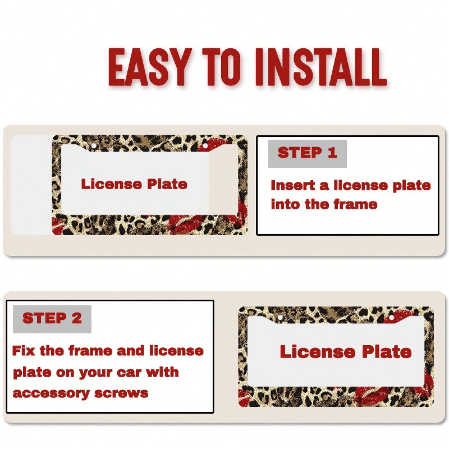 1pc Red Lipstick Leopard Print Metal License Plate Frame 12.2x6.3in, Fashion Personalized Auto Decor Accessory For Vehicles,Car Decor,Car,Valentines Gift,Car Acessesories>Essentials,Car Picks