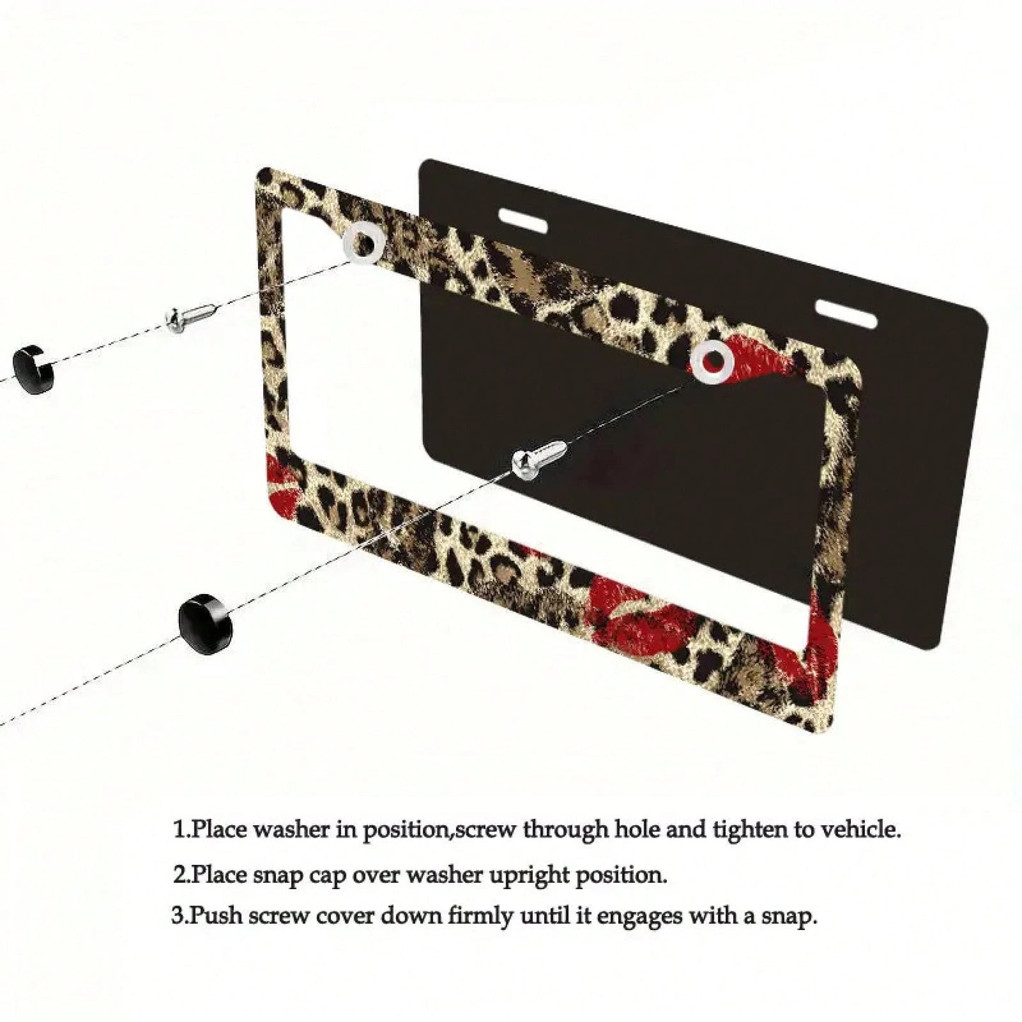 1pc Red Lipstick Leopard Print Metal License Plate Frame 12.2x6.3in, Fashion Personalized Auto Decor Accessory For Vehicles,Car Decor,Car,Valentines Gift,Car Acessesories>Essentials,Car Picks