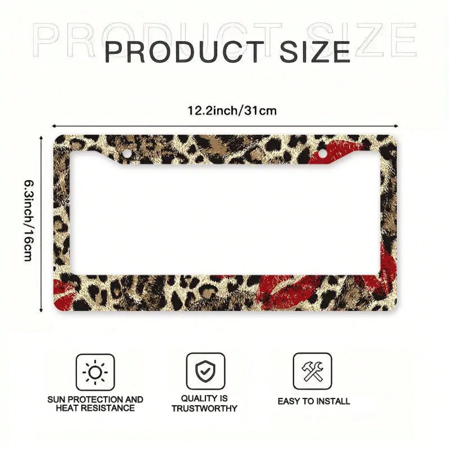 1pc Red Lipstick Leopard Print Metal License Plate Frame 12.2x6.3in, Fashion Personalized Auto Decor Accessory For Vehicles,Car Decor,Car,Valentines Gift,Car Acessesories>Essentials,Car Picks