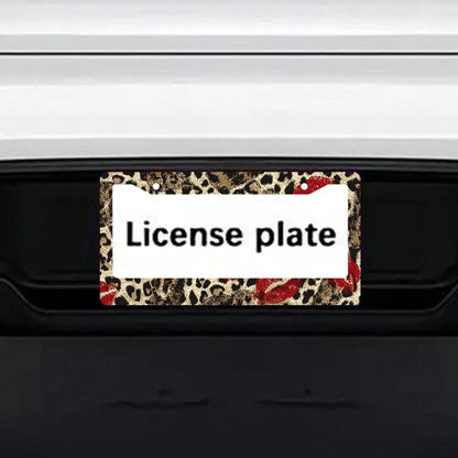 1pc Red Lipstick Leopard Print Metal License Plate Frame 12.2x6.3in, Fashion Personalized Auto Decor Accessory For Vehicles,Car Decor,Car,Valentines Gift,Car Acessesories>Essentials,Car Picks