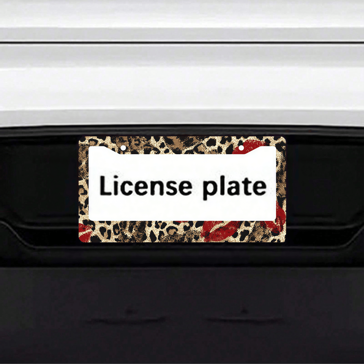 1pc Red Lipstick Leopard Print Metal License Plate Frame 12.2x6.3in, Fashion Personalized Auto Decor Accessory For Vehicles,Car Decor,Car,Valentines Gift,Car Acessesories>Essentials,Car Picks