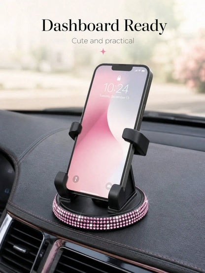 1pc Rhinestone Car Phone Holder, Cute Women's Design, Horizontal & Vertical Screen, Center Console Navigation Support Stand For Car
