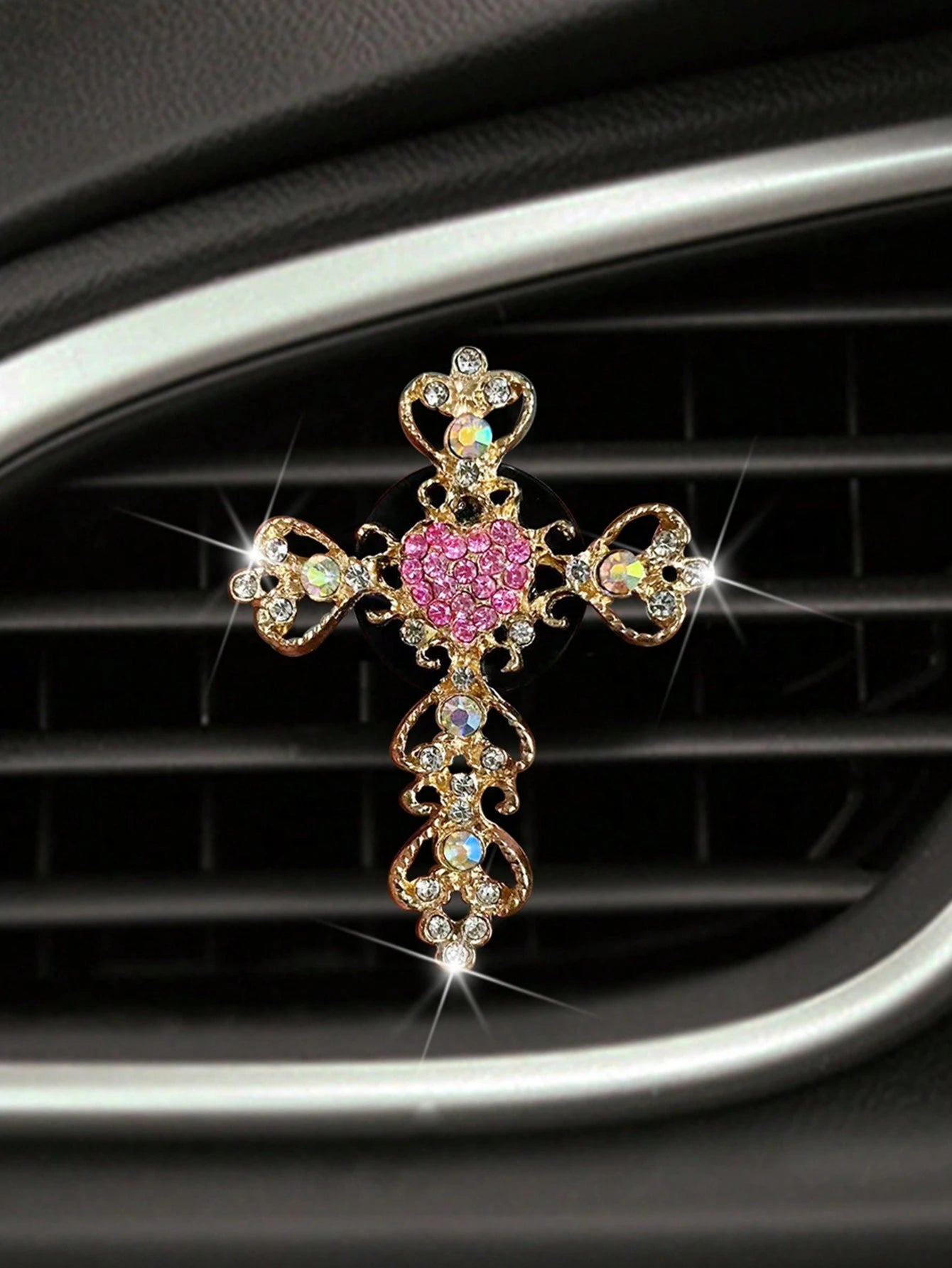 1pc Rhinestone Heart Car Air Outlet Perfume With Gold Rhinestone Cross Interior Air Conditioning Decoration