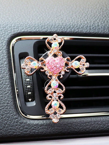 1pc Rhinestone Heart Car Air Outlet Perfume With Gold Rhinestone Cross Interior Air Conditioning Decoration