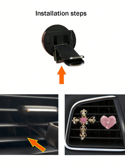 1pc Rhinestone Heart Car Air Outlet Perfume With Gold Rhinestone Cross Interior Air Conditioning Decoration