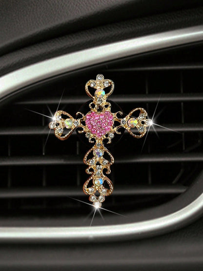 1pc Rhinestone Heart Car Air Outlet Perfume With Gold Rhinestone Cross Interior Air Conditioning Decoration