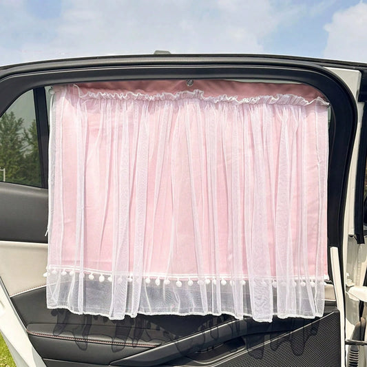 1PC Romantic Lace Tulle Car Sunshade Curtain, Ruffled Edge Privacy Cover With Drawstring, Semi-Sheer Breathable Shade, For Car Interior Decoration