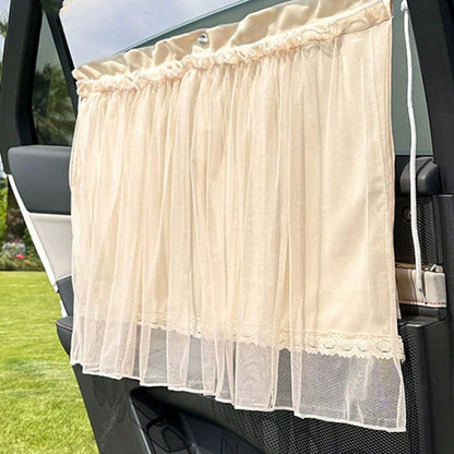 1PC Romantic Lace Tulle Car Sunshade Curtain, Ruffled Edge Privacy Cover With Drawstring, Semi-Sheer Breathable Shade, For Car Interior Decoration