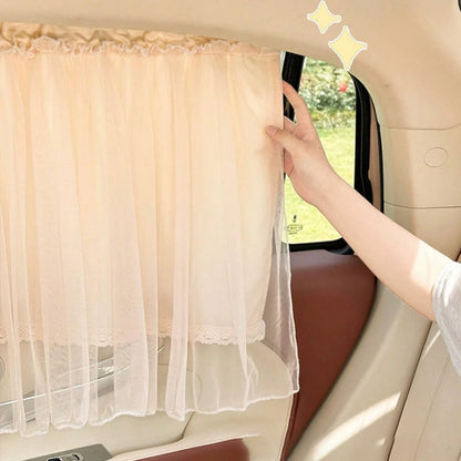 1PC Romantic Lace Tulle Car Sunshade Curtain, Ruffled Edge Privacy Cover With Drawstring, Semi-Sheer Breathable Shade, For Car Interior Decoration