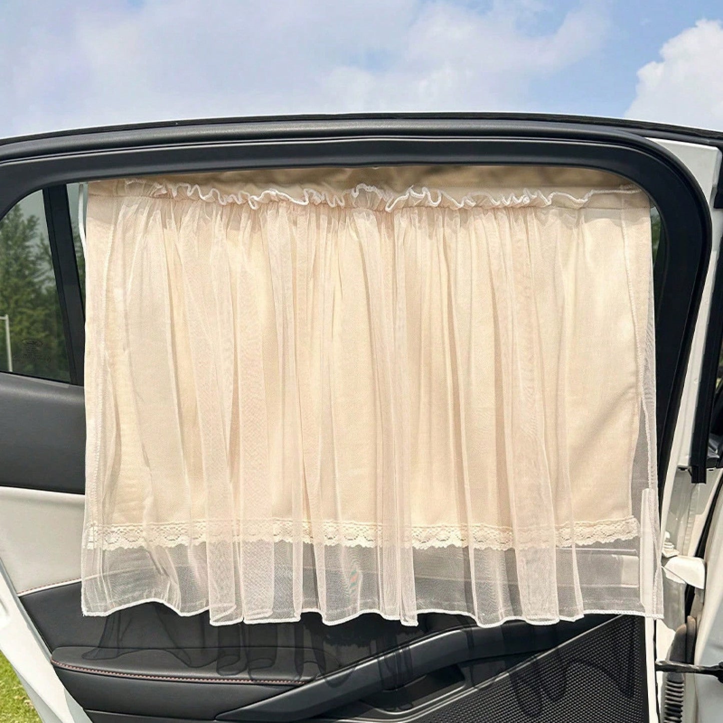 1PC Romantic Lace Tulle Car Sunshade Curtain, Ruffled Edge Privacy Cover With Drawstring, Semi-Sheer Breathable Shade, For Car Interior Decoration